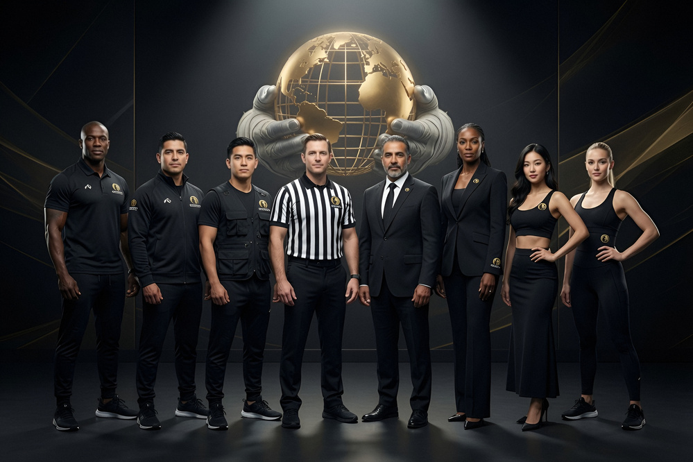 Trainers, corner men, a referee, judges, ring announcer, ring girls and dancers standing together in Fight To Survive black